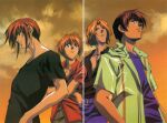  1990s_(style) 4boys absurdres belt blue_eyes brown_eyes brown_hair earrings fujimiya_ran hidaka_ken highres jacket jewelry kudou_youji lineup looking_at_another male_focus multiple_boys necklace non-web_source open_clothes open_vest outdoors pants pendant red_hair retro_artstyle shirt short_sleeves standing sunset tsukiyono_omi vest weiss_kreuz 