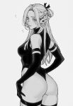  1girl absurdres ai-generated ass blush breasts cosplay dungeon_meshi elbow_gloves elf gloves highleg highleg_leotard highres leotard long_hair looking_at_viewer marcille_donato marvel marvel_rivals monochrome pointy_ears psylocke psylocke_(cosplay) solo thighhighs yorelle_ml 