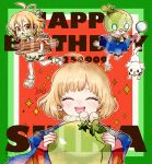  1girl absurdres ahoge antenna_hair blonde_hair blush closed_eyes dated dog dr._stone food fruit highres holding magnifying_glass multiple_girls ninomae_gin open_mouth short_hair signature smile star_(symbol) suika_(dr.stone) watermelon 