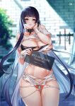  1girl absurdres ass_visible_through_thighs azur_lane bangs black_hair breasts broken broken_chain chain chapayev_(azur_lane) chapayev_(azur_lane)_(cosplay) chapayev_(the_captive_cavalier)_(azur_lane) cleavage collar commission cosplay d._joko dead_or_alive highres large_breasts lips looking_at_viewer mole mole_under_mouth nyotengu prisoner purple_eyes seductive_smile smile thigh_gap thighs torn_clothes 