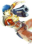  1boy blue_eyes blue_hair box_art cable chirico_cuvie fubuki_(fakemonkey0224) green_belt gun hair_behind_ear handgun holding holding_gun holding_weapon male_focus official_art open_hand parted_lips pilot_suit pistol solo soukou_kihei_votoms weapon white_background 