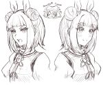  2girls angry armor bad_id bad_twitter_id bangs blush closed_mouth commentary_request double_bun english_text eyebrows_visible_through_hair eyelashes hair_ribbon hand_on_own_face haniwa_(statue) haniyasushin_keiki happy head_scarf joutouguu_mayumi monochrome multiple_girls open_clothes puffy_short_sleeves puffy_sleeves ribbon shokabatsuki short_hair short_sleeves smile touhou white_background 