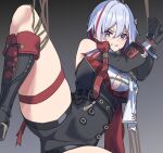  1girl bare_shoulders black_boots black_gloves blue_eyes boots breasts clenched_teeth colored_inner_hair detached_sleeves glaring gloves honkai:_star_rail honkai_(series) large_breasts leg_up looking_at_viewer multicolored_hair red_hair restrained short_hair solo teeth topaz_(honkai:_star_rail) white_hair ynfkin 