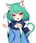  1girl :3 :d absurdres animal_ear_fluff animal_ears animal_print black_ribbon blue_dress blue_sleeves blush brooch butterfly_print cat_ears cat_girl cat_tail colored_tips detached_collar detached_sleeves dress ear_piercing fang fingernails green_hair hair_ornament hair_ribbon highres hololive jewelry juliet_sleeves long_sleeves medium_hair open_mouth parted_hair paw_pose piercing pom_pom_(clothes) pom_pom_hair_ornament puffy_sleeves red_eyes ribbon short_dress skin_fang skull_brooch skull_hair_ornament smile strapless strapless_dress tail tyama-tya upper_body uruha_rushia v-shaped_eyebrows virtual_youtuber wide_sleeves 