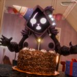 1:1 3d_(artwork) absurd_res armor bear birthday birthday_cake blender_(artwork) blender_cycles breasts cake candle clothing dessert digital_media_(artwork) epic_games female food fortnite furniture gauntlets gift gloves handwear hat headgear headwear hi_res inside mammal marianokun party_hat raven_team_leader solo surprised table