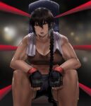  1girl artist_name biceps black_gloves black_hair blurry blurry_background boxing_ring braid braided_ponytail breasts cleavage commentary dated_commentary feet_out_of_frame fingerless_gloves gloves hair_between_eyes highres hunyan long_braid_girl_(hunyan) long_hair muscular muscular_female navel open_mouth original single_braid sitting solo sweat towel 