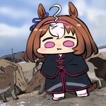  1girl :3 adapted_costume ahoge animal_ears brown_hair chibi coat commentary cosplay goat hairband horse_ears horse_girl horse_tail jazz_jack lowres meisho_doto_(racehorse) meisho_doto_(racehorse)_(cosplay) meisho_doto_(umamusume) multicolored_hair namesake photo-referenced pink_eyes pink_hairband real_life scene_reference short_hair tail two-tone_hair umamusume white_hair 