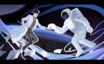  2boys astronaut atmospheric_layer black_hair black_shirt coat collared_shirt floating flying_paper full_body gloves gryregeneration helmet kim_dokja male_focus multiple_boys official_alternate_costume omniscient_reader's_viewpoint open_clothes open_coat paper planet popped_collar reaching reaching_towards_another shirt short_hair sky space space_helmet spacesuit star_(sky) starry_sky tether white_coat white_gloves yoo_joonghyuk 