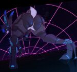 2025 absurd_res action_pose android anthro asymmetrical_clothing athletic bent_over big_butt black_body blue_eyes bottomless breasts bubble_butt butt butt_focus claws clothed clothing countershade_face countershade_tail countershade_torso countershading cropped_jacket crouching detailed_background featureless_crotch female glowing glowing_eyes glowing_markings glowing_whiskers hair hand_on_ground hi_res lagomorph latex_body leporid looking_at_viewer low-angle_view machine mammal markings neon_lights pose presenting presenting_hindquarters rabbit rear_view robot robot_anthro short_hair short_tail smile solo straps streetwear tail thick_thighs topwear topwear_only tsumi_(veznadraws) veznadraws