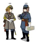  2girls american_civil_war belt binoculars black_footwear blonde_hair blue_coat blue_eyes blue_headwear blue_pants boots brown_eyes brown_hair coat full_body gloves grey_coat grey_headwear hair_bun hat highres holding korean_commentary long_hair long_sleeves map medal military military_uniform multiple_girls original pants perfect_han red_sash sash sheath sheathed short_hair sword uniform weapon white_gloves 