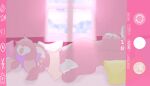 bed bedroom cherry_(cloudy_hyena) cloudy_hyena fur furniture hybrid lagomorph leporid long_body male mammal paws pillow pink_body pink_fur rabbit solo splynter spots taur white_spots window window_light