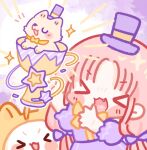  >_< 1girl ahoge animal blunt_bangs blush_stickers bow bowtie cat chibi clothed_animal cloud day dog ear_covers emphasis_lines fang hair_bow happy hat highres hood hood_up infinity_nikki long_hair low_twintails mini_hat mini_top_hat momo_(nikki) nikki_(nikki) nikki_(series) notice_lines open_mouth outdoors parted_bangs pink_hair puffy_short_sleeves puffy_sleeves purple_bow purple_hat purple_shirt purple_skirt shirt short_sleeves skirt skirt_set sky smile sparkle standing star_(symbol) top_hat traditional_bowtie tree trophy twintails variant_set very_long_hair white_cat white_sky yanxie_(lofter_926943) yellow_bow yellow_bowtie yellow_hood 