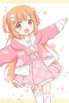  1girl asymmetrical_legwear bandaid_on_thigh belt blush border bow bowtie cherry_blossoms drawstring dutch_angle egg_hair_ornament falling_petals feet_out_of_frame food-themed_hair_ornament frilled_jacket frilled_sailor_collar frills gem hair_ornament hair_ribbon highres hood hooded_jacket jacket kirara_tamako kirara_tamako_(2nd_costume) letterboxed long_hair long_sleeves looking_at_viewer mismatched_legwear nijisanji open_clothes open_jacket open_mouth orange_eyes orange_hair outside_border outstretched_arms petals petticoat pink_belt pink_bow pink_bowtie pink_jacket pink_skirt plaid_clothes plaid_skirt pleated_skirt polka_dot polka_dot_thighhighs puffy_long_sleeves puffy_sleeves purinippai ribbon sailor_collar shirt skirt sleeves_past_wrists smile solo spread_arms standing sticker_on_leg striped_bow striped_bowtie striped_clothes thighhighs twitter_username two-sided_fabric two-sided_jacket two_side_up virtual_youtuber white_background white_ribbon white_sailor_collar white_shirt white_thighhighs yellow_border yellow_gemstone 