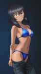  1girl absurdres andou_(girls_und_panzer) arm_behind_back artist_name bikini bikini_under_clothes black_hair black_pants blue_background blue_bikini blush breasts brown_eyes clenched_hand clothes_pull commentary cowboy_shot dark-skinned_female dark_skin english_commentary flintard girls_und_panzer gradient_background highres holding_own_arm looking_at_viewer medium_breasts medium_hair navel pants pants_pull parted_lips signature simple_background solo standing swimsuit undressing v-shaped_eyebrows variant_set 