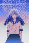  1girl commentary_request fence fireworks highres limited_palette long_hair neckerchief nigatsumikka original pleated_skirt sailor_collar school_uniform serafuku skirt smile solo upper_body 