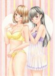  2girls absurdres black_hair blush bra breasts brown_hair closed_mouth collarbone commentary_request green_eyes hand_up hands_on_another&#039;s_shoulders heart heart_background highres large_breasts lingerie long_hair looking_at_viewer marker_(medium) midori_(mira567) multiple_girls navel negligee original panties parted_bangs parted_lips purple_negligee purple_panties red_eyes see-through_clothes short_hair smile standing traditional_media underwear underwear_only vertical-striped_background wispy_bangs yellow_bra yellow_panties 