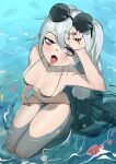  1girl absurdres alchemy_stars arm_up bangs bikini bikini_pull black_bikini black_nails blush breasts breasts_apart clothes_pull collarbone commentary_request eyelashes eyewear_on_head fish full_body grey_eyes grey_hair heart heart-shaped_pupils highres kneeling long_hair looking_at_viewer looking_up medium_breasts navel open_mouth partially_submerged scar scar_across_eye seashell shading_eyes shell smokey_(alchemy_stars) string_bikini sunglasses swimsuit symbol-shaped_pupils tongue tongue_out twintails very_long_hair water wet xuxuxu 