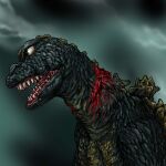  black_background bleeding blood brown_eyes commentary gradient_background gradient_scales green_background green_scales injury jaw jirass kaiju looking_ahead monster monster_focus multicolored_scales no_humans open_mouth portrait satoru33 sharp_teeth spines teeth tokusatsu two-tone_background two-tone_scales ultra_series ultraman_(1st_series) yellow_scales 