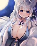  1girl azur_lane blue_collar blue_dress breasts cleavage cocktail_dress collar dress evening_gown feather_boa halter_dress halterneck hand_on_own_chest highres huge_breasts ichigo_moka kitsune kyuubi large_tail looking_at_viewer multiple_tails official_alternate_costume purple_eyes shinano_(azur_lane) shinano_(dreams_of_the_hazy_moon)_(azur_lane) sleeveless sleeveless_dress solo tail white_hair white_tail 