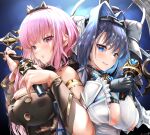  2girls bangs bare_shoulders black_gloves black_nails blue_eyes blue_hair breasts cleavage commentary_request eyebrows_visible_through_hair fingernails gloves head_chain highres holding holding_microphone hololive hololive_english large_breasts microphone mori_calliope multiple_girls nail_polish ouro_kronii pink_eyes pink_hair seventh_sugune virtual_youtuber 