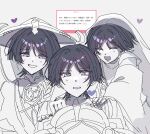  3boys blunt_ends bright_pupils closed_eyes clothing_cutout facing_another genshin_impact hair_intakes hands_on_another&#039;s_shoulders happy hat heart highres holding holding_unworn_clothes holding_unworn_hat japanese_clothes jewelry jingasa kariginu kimono layered_sleeves long_sleeves looking_at_another looking_at_viewer mandarin_collar mitsudomoe_(shape) multiple_boys multiple_persona neck_ring open_mouth praying_emoji purple_eyes request_inset rope scaramouche_(genshin_impact) scaramouche_(kabukimono)_(genshin_impact) see-through_clothes see-through_veil shimenawa short_sleeves shoulder_cutout smirk spot_color string tanishi_66 tomoe_(symbol) translation_request unworn_hat unworn_headwear veil wanderer_(genshin_impact) white_background white_pupils wispy_bangs 