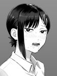  1girl bangs blush chainsaw_man collared_shirt commentary_request crying crying_with_eyes_open grey_background greyscale hair_ornament hairclip higashiyama_kobeni highres koma_neko looking_at_viewer mole mole_under_eye mole_under_mouth monochrome multiple_moles open_mouth portrait saliva shiny shiny_hair shirt short_hair short_ponytail sidelocks simple_background snot solo tears teeth 
