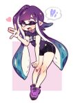  1girl bike_shorts black_shorts fang full_body grey_eyes heart highres inkling junco long_hair looking_at_viewer one_eye_closed open_mouth pointy_ears purple_footwear purple_hair purple_shirt shirt shoes short_sleeves shorts simple_background smile solo speech_bubble splatoon_(series) white_background 