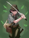  1girl bag belt black_hair brown_belt brown_headwear charging_forward closed_mouth cowboy_shot green_background green_pants grey_eyes grey_shirt hat highres holding holding_weapon imperial_japanese_army incoming_attack katana korean_commentary looking_at_viewer medium_hair military military_uniform original pants perfect_han satchel sheath shirt short_sleeves solo sword uniform weapon world_war_ii 