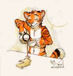 2017 anthro artist_logo beverage black_stripes clothed clothing coffee container cup dated eyes_closed felid fur hi_res holding_container holding_cup holding_mug holding_object logo male male_anthro mammal markings mouth_closed mug orange_body orange_fur pandapaco pantherine signature simple_background solo standing striped_arms striped_body striped_fur striped_markings striped_tail stripes tail tail_markings tiger topless white_body white_fur