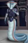 agitated alien anthro apode armor badge belt blue_body bulletproof_vest clothing dialogue digital_drawing_(artwork) digital_media_(artwork) digital_painting_(artwork) door door_handle draconcopode electronics english_text fan_character fangs flashlight glass glass_door grey_clothing grey_shirt grey_topwear gun handgun hi_res holstered_pistol insult legless long_sleeve_shirt magazine_(gun) male misgendering multicolored_body naga name_tag offscreen_character open_mouth outside painting_(artwork) police police_badge police_uniform pouch_(clothing) pupils radio ranged_weapon reptile scalie serpentine shirt sidewalk signature slit_pupils snake snake_hood speech_bubble striped_body stripes tamhigan_(artist) teeth text topwear uniform viper_(x-com) wall_(structure) weapon window wire x-com yellow_eyes