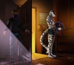 2025 abs anthro behind_door bengal_tiger biceps black_body black_boxer_briefs black_clothing black_fur black_stripes black_underwear boots bottomwear boxer_briefs brown_hair bulge chaps clothed clothed_male clothing deltoids detailed_background digital_media_(artwork) door drawer duo felid floor footwear forearm_muscles full-length_portrait fully_clothed fully_clothed_male fur guyinvintageclothes hair intraspecies jacket kerchief leather leather_clothing leather_jacket leather_topwear light male male/male mammal mask mostly_nude_male muscular muscular_male painting_(object) pantherine pants pecs portrait purple_kerchief quads restraints rug shaded shoes short_hair signature soft_shading standing straitjacket stripes sunlight tail tiger topwear triceps underwear underwear_only vaurien white_body white_fur wood wood_floor