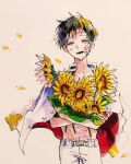  1boy axis_powers_hetalia bandaged_head bandages belt black_hair blood blue_jacket buttons closed_eyes commentary_request cowboy_shot crying facing_viewer flower gauze gauze_on_cheek highres holding holding_flower jacket jacket_on_shoulders japan_(hetalia) leaf male_focus naked_jacket open_mouth pants petals short_hair simple_background smile solo sunflower tears ueei white_background white_belt white_pants yellow_flower 