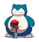  1boy backpack bag baseball_cap black_footwear blue_pants brown_hair chibi commentary_request hat hug iroyopon jacket male_focus pants pokemon pokemon_(creature) pokemon_(game) pokemon_frlg red_(pokemon) red_headwear shoes short_hair short_sleeves snorlax spiked_hair standing white_background yellow_bag 