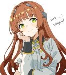  1girl absurdres bigkwl blush brown_hair closed_mouth collared_shirt commentary dated dated_commentary green_eyes grey_shirt head_rest headgear helena_(kancolle) highres kantai_collection long_hair long_sleeves one-hour_drawing_challenge shirt simple_background smile solo twitter_username upper_body white_background 