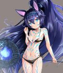  1girl animal_ears bikini bikini_pull black_bikini black_hair blue_eyes body_markings breasts cat_ears cleavage clothes_pull facial_mark glowing hairband highres kasli_(nyanko_daisensou) long_hair navel nekopurin_(nyanko_prin) nyanko_daisensou ponytail pulled_by_self side-tie_bikini solo swimsuit thigh_gap thighs very_long_hair weapon 