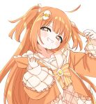  1girl absurdres belt blush_stickers bow bowtie cowboy_shot drawstring egg_hair_ornament food-themed_hair_ornament frilled_jacket frilled_sailor_collar frills gem grin hair_ornament hair_ribbon hands_up highres holding holding_own_hair hood hooded_jacket jacket kirara_tamako kirara_tamako_(2nd_costume) long_hair long_sleeves looking_at_viewer nijisanji official_alternate_color open_clothes open_jacket orange_belt orange_bow orange_bowtie orange_eyes orange_hair orange_jacket orange_skirt plaid_clothes plaid_skirt pleated_skirt puffy_long_sleeves puffy_sleeves ribbon sailor_collar shirt simple_background skirt sleeves_past_wrists smile solo standing striped_bow striped_bowtie striped_clothes sukoyaka_(100hituzi) two-sided_fabric two-sided_jacket two_side_up virtual_youtuber white_background white_ribbon white_sailor_collar white_shirt yellow_gemstone 