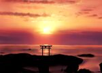  cloud commentary_request horizon isaki_(gomi) no_humans orange_sky original scenery sky sun sunrise torii 