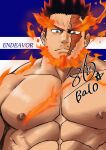  1boy abs absurdres balo_dqx_ff14 bara bare_pectorals blue_eyes boku_no_hero_academia character_name closed_mouth collarbone commentary_request endeavor_(boku_no_hero_academia) english_text fiery_hair fire highres looking_at_viewer male_focus muscular muscular_male nipples pectorals red_hair scar scar_across_eye scar_on_face signature topless_male 