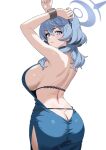  1girl absurdres ako_(blue_archive) ako_(dress)_(blue_archive) backless_dress backless_outfit blue_archive blue_dress blue_hair blue_halo breasts commentary cuffs dress evening_gown gubee halo highres official_alternate_costume shackles sideboob sideless_dress sideless_outfit single_handcuff sleeveless sleeveless_dress solo 