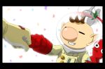  2boys anime_coloring big_nose black_border black_eyes border brown_hair buttons captain_falcon clenched_hand closed_eyes colored_skin confetti fist_bump gloves grey_gloves grin hand_on_another&#039;s_arm happy height_difference helmet male_focus multiple_boys naru_(wish_field) no_mouth olimar patch pikmin_(creature) pikmin_(series) pink_nose pointy_ears pointy_nose radio_antenna red_gloves red_pikmin red_skin short_hair simple_background smile solo_focus space_helmet spacesuit super_smash_bros. two-tone_gloves upper_body very_short_hair white_background yellow_gloves 
