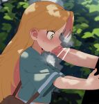  1boy 1girl absurdres aqua_jacket bar_censor blonde_hair blush censored colored_inner_hair commentary_request fellatio green_eyes heart heart-shaped_pupils hetero highres jacket long_hair mizumizuni multicolored_hair open_mouth oral outdoors penis pink_hair ruri_no_houseki short_sleeves solo_focus sweat symbol-shaped_pupils tanigawa_ruri two-tone_hair 