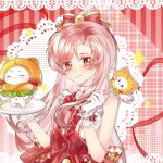  1girl animal argyle_bow argyle_clothes argyle_skirt back_bow bare_shoulders bead_bracelet beads border bow bowtie bracelet brooch brown_cloak brown_eyes burger burger_costume cat center_frills chinese_commentary cloak closed_eyes closed_mouth clothed_animal commentary_request cowboy_shot dot_nose ear_covers eyelashes floral_memory_(infinity_nikki) food food-themed_clothes frilled_shirt frilled_wrist_cuffs frills gloves hair_bow hands_on_own_hips happy high-waist_skirt highres holding holding_pen holding_plate hood hood_up hooded_cloak infinity_nikki jewelry kfc lace lace_border letterboxed light_blush long_hair long_sidelocks momo_(nikki) navel nikki_(nikki) nikki_(series) ornate_border outline outside_border pen pink_hair pink_outline plaid_background plate pleated_skirt red_background red_bow red_bowtie red_ribbon red_skirt ribbon ribbon-trimmed_shirt ribbon-trimmed_wrist_cuffs ribbon_trim shirt sidelocks skirt sleeveless sleeveless_shirt smile sparkle striped_bow striped_clothes striped_shirt striped_skirt two-tone_bow vertical-striped_background vertical-striped_clothes vertical-striped_shirt vertical-striped_skirt very_long_hair wavy_hair white_border white_cat white_gloves white_shirt white_wrist_cuffs wrist_bow wrist_cuffs xinjinjumin119452239806 yellow_bow 