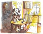 2017 anthro artist_logo blue_eyes book bottomwear brown_bottomwear brown_clothing brown_pants brown_topwear canid canine canis closed_smile clothed clothing dated domestic_dog floppy_ears fur glistening glistening_eyes head_tuft holding_book holding_object inside kitchen logo male male_anthro mammal mouth_closed pandapaco pants reading reading_book signature sitting smile smoking_pipe solo topwear tuft white_body white_fur