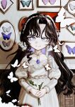  1girl :&gt; aged_down black_hair blue_butterfly bug butterfly dress flower framed_insect hairband hakyusiku highres holding holding_flower isolde_(reverse:1999) juliet_sleeves long_hair long_sleeves looking_at_viewer puffy_sleeves purple_eyes red_pupils reverse:1999 solo upper_body watermark white_butterfly white_dress white_flower white_hairband zoological_specimen 