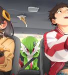  1boy 1girl absurdres angry belt black_hair blush brown_hair brown_jacket car character_request emma_(pokemon) flower food frown gardevoir highres ice_cream ice_cream_cone implied_after_fellatio jacket khyle. looking_to_the_side loose_belt messy_hair motor_vehicle open_clothes open_jacket pokemon pokemon_(anime) pokemon_(creature) pokemon_legends:_z-a poketoon red_eyes red_jacket rose seatbelt short_hair soft_serve suggestive_fluid vehicle_interior yuugo_(pokemon) 