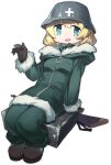  1girl aqua_eyes ark_order bangs black_footwear black_gloves blonde_hair blush boots crate cross full_body fur-trimmed_hood fur_trim gloves green_jacket green_pants gun hand_rest hand_up helmet hood hooded_jacket jacket k_suke_(weibo) looking_at_viewer medium_hair military military_uniform official_art pants shoujo_shuumatsu_ryokou sitting smile solo tachi-e transparent_background uniform weapon yuuri_(shoujo_shuumatsu_ryokou) 