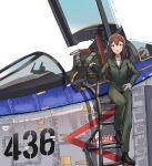 1girl :d absurdres aircraft airplane black_footwear black_headwear boots brown_eyes brown_hair cockpit commission english_text fighter_jet gar32 green_jumpsuit hand_on_hip headwear_removed highres jet jumpsuit ladder long_hair looking_at_viewer military military_vehicle open_mouth original shirt simple_background smile solo standing white_background white_shirt wide_shot 
