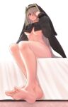  1girl arknights bare_legs barefoot black_capelet blurry breasts capelet feet foot_focus full_body habit hair_between_eyes hand_up highres linea_alba long_hair long_sleeves looking_at_viewer medium_breasts nun on_bed red_eyes silver_hair simple_background sitting soles solo specter_(arknights) stomach thighs toes underboob very_long_hair white_background yamauchi_(conan-comy) 