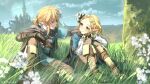  1boy 1girl absurdres blonde_hair blue_eyes braid commentary earrings elf flower gloves grass hair_between_eyes hair_flower hair_ornament highres jewelry link long_hair meltyrice pointy_ears ponytail princess_zelda short_hair short_ponytail sidelocks silent_princess sitting smile the_legend_of_zelda the_legend_of_zelda:_breath_of_the_wild the_legend_of_zelda:_breath_of_the_wild_2 