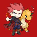  1boy black_cape black_eyes boots bright_pupils cape chibi clenched_hand closed_mouth commentary_request dragonite frown highres jacket kamota_(momokomati) lance_(pokemon) long_sleeves looking_at_viewer male_focus pants pink_hair pokemon pokemon_(creature) pokemon_(game) pokemon_hgss red_background short_hair sparkle spiked_hair standing white_pupils 